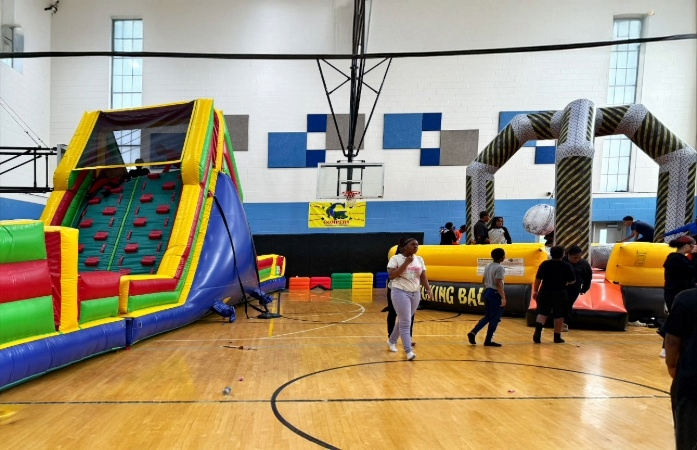  students on bounce house